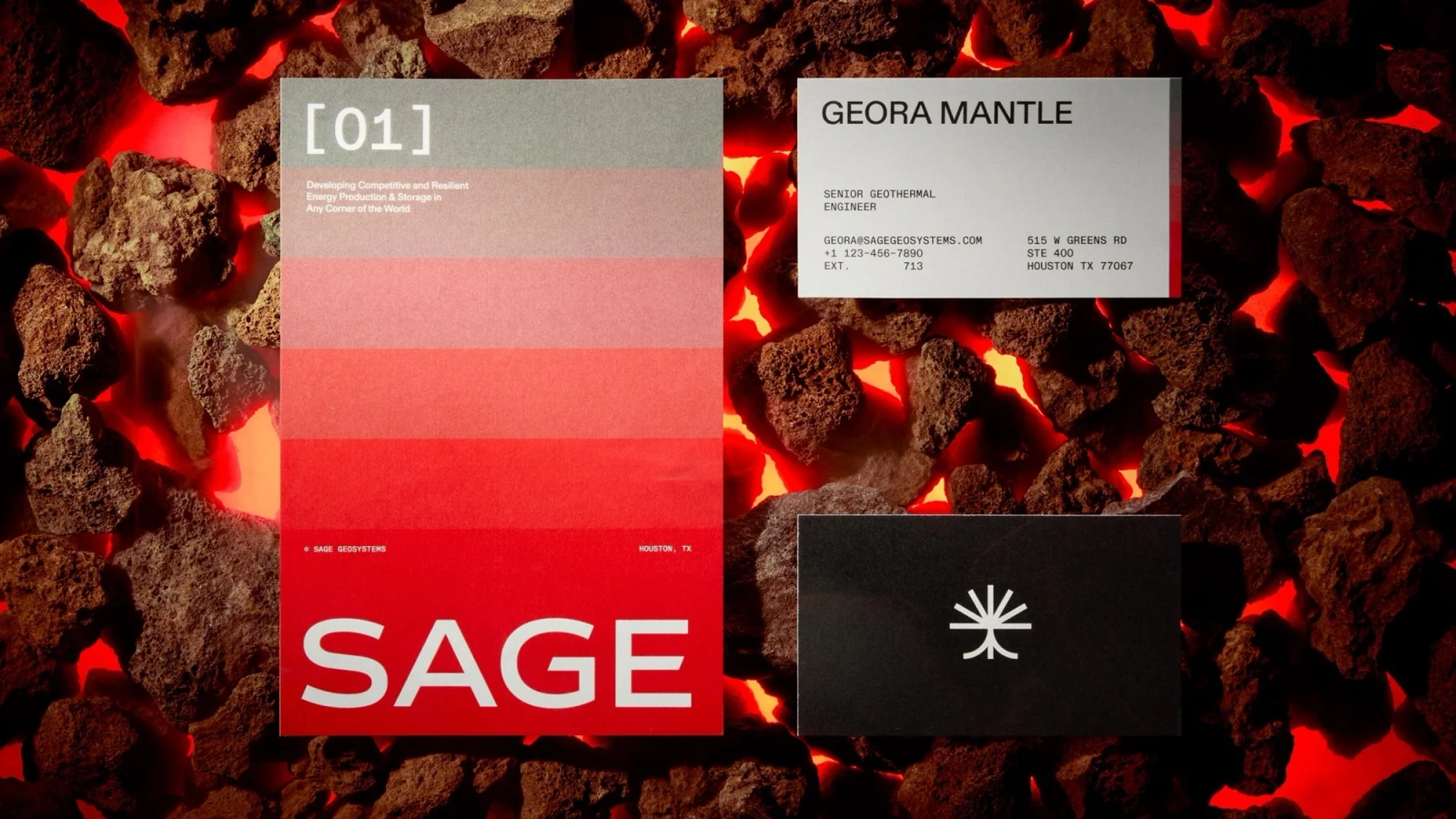 Sage Geosystems branding materials including a red gradient pamphlet and business cards resting on glowing rocks