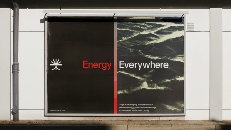 Outdoor billboard advertisement for Sage Geosystems featuring dark panels, typography, and aerial landscape imagery