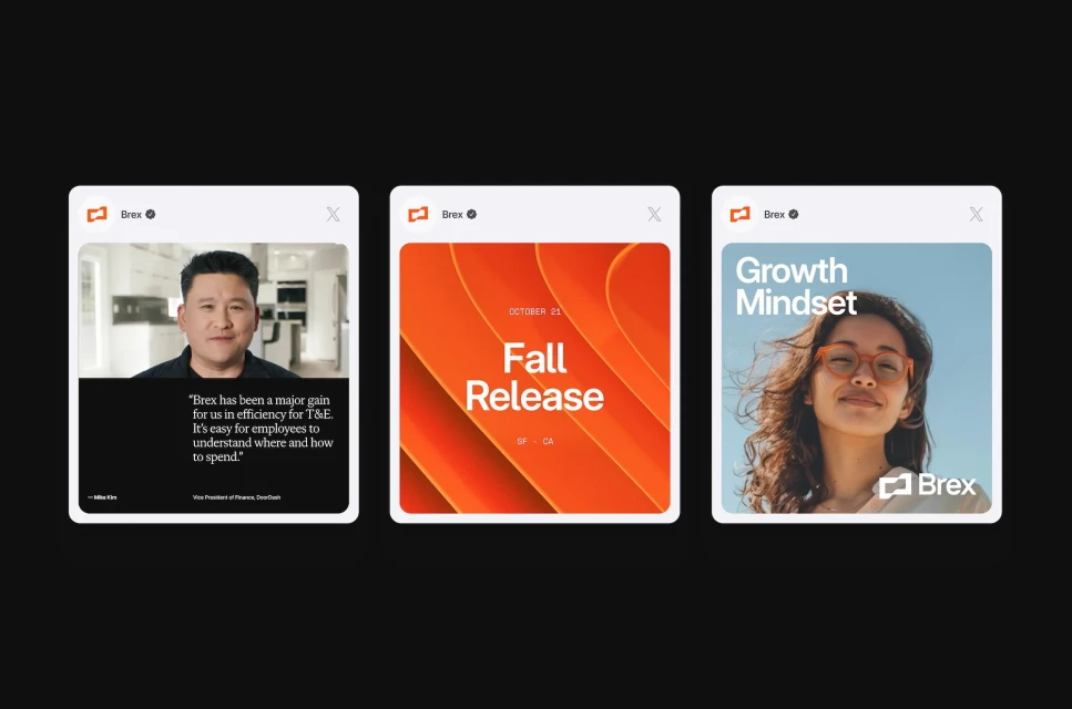 Three Brex ad images feature a testimonial, product release, and growth mindset, showcasing diverse content on a sleek, dark backdrop.