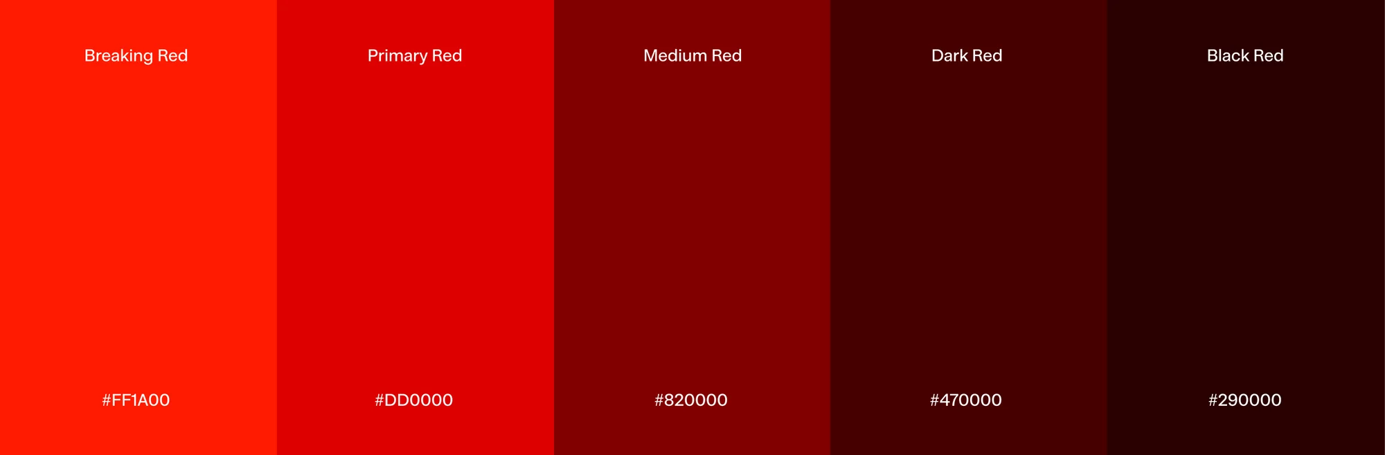 Five shades of red in a horizontal gradient, ranging from a bright orange-red to black-red, each labeled with a distinct name and hex code.