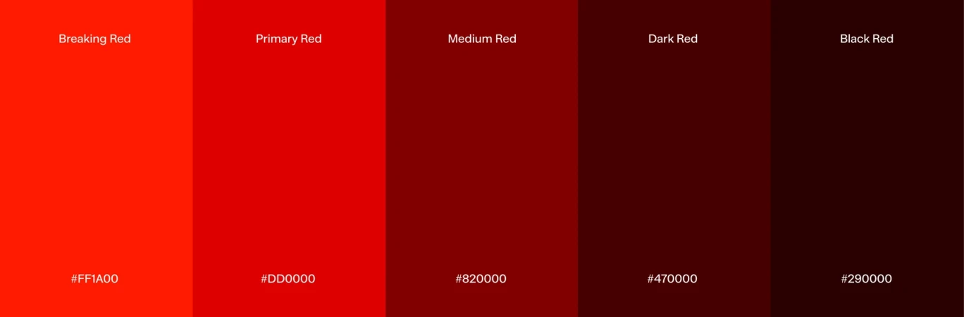 Five shades of red in a horizontal gradient, ranging from a bright orange-red to black-red, each labeled with a distinct name and hex code.