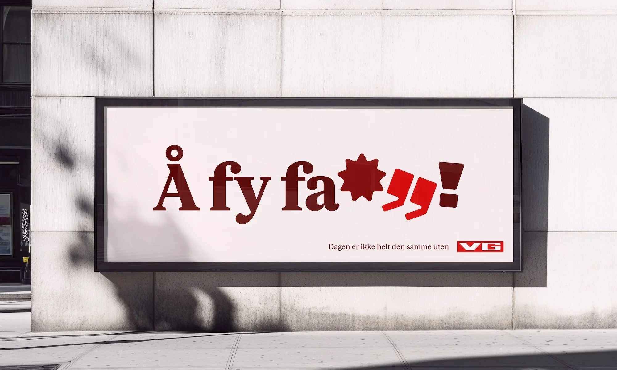 Outdoor advertising billboard on a city street featuring a red and brown typographic design and the VG logo, mounted on a textured wall.