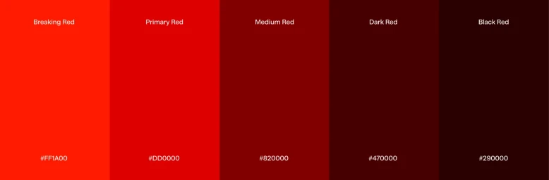 A graphic design color palette displaying five vertical red color swatches with labels and hex codes.