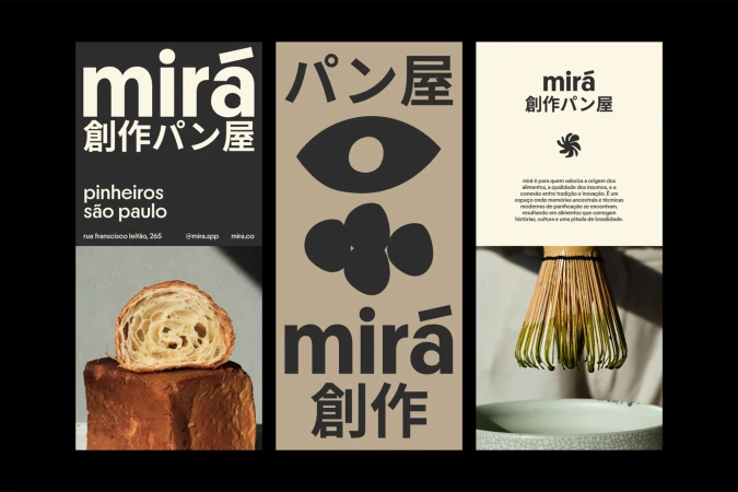 Collage of three food-related advertisements featuring bread, matcha whisk, and Japanese text, set against a black background.