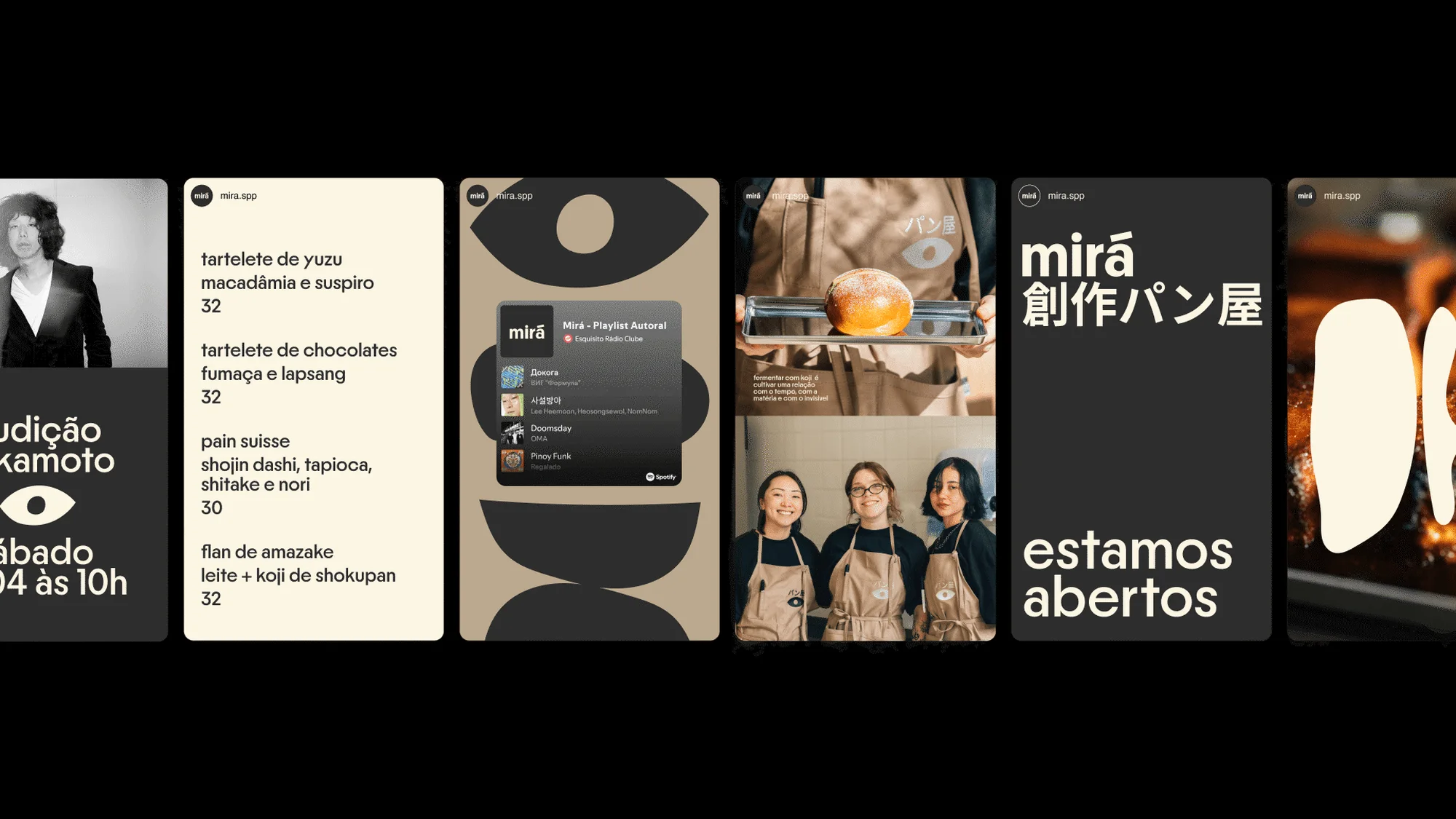 Collage of food-related branding with a person in a blazer, text in Portuguese, Japanese, and English, and close-ups of pastries.