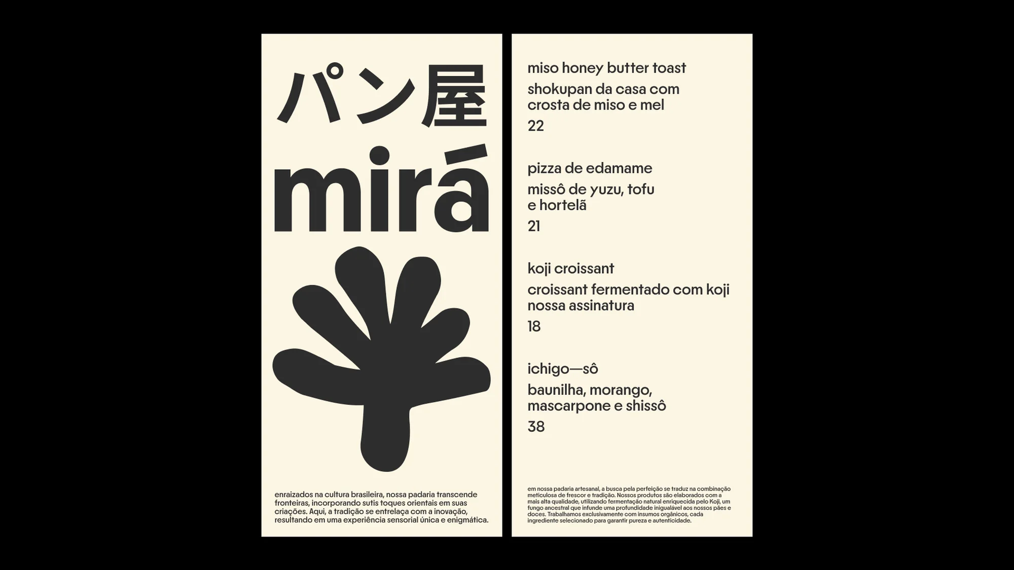 Menu design for Mirá bakery with Japanese, Portuguese, and English text, featuring a hand-like symbol and list of food items.