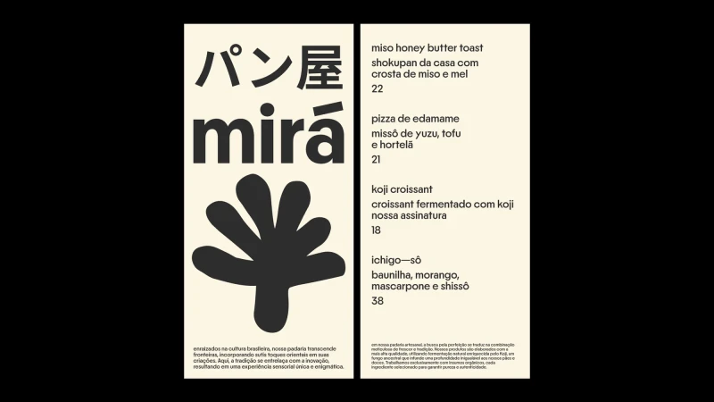 Menu design for Mirá bakery with Japanese, Portuguese, and English text, featuring a hand-like symbol and list of food items.