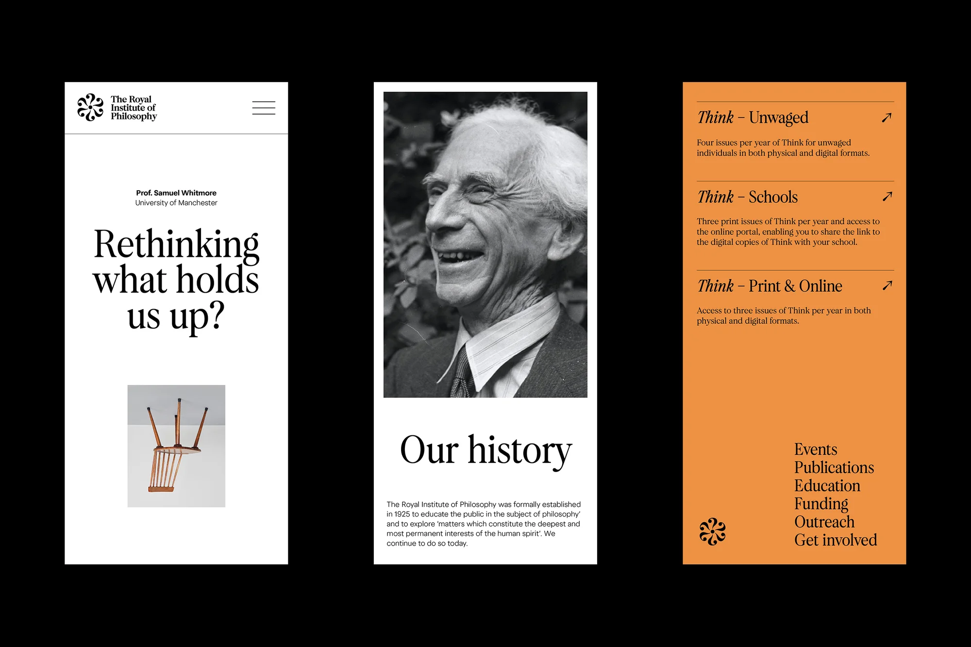 Website design for The Royal Institute of Philosophy featuring a portrait of a smiling man, text, and images of a chair.