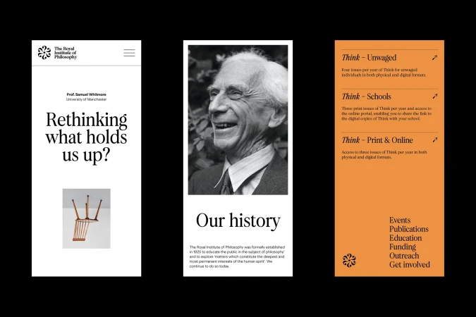 Website design for The Royal Institute of Philosophy featuring a portrait of a smiling man, text, and images of a chair.
