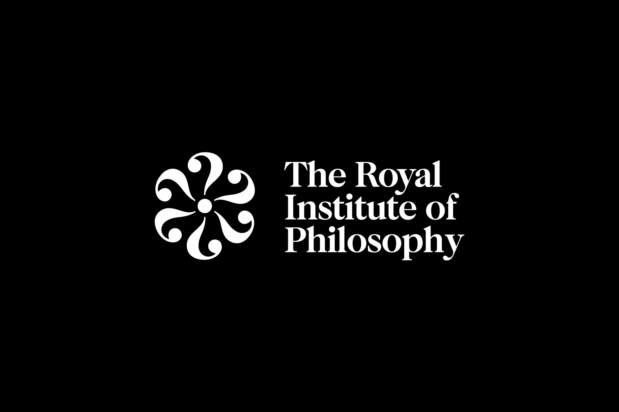 White flower-like design and 'The Royal Institute of Philosophy' text on a black background; logo and text for branding.