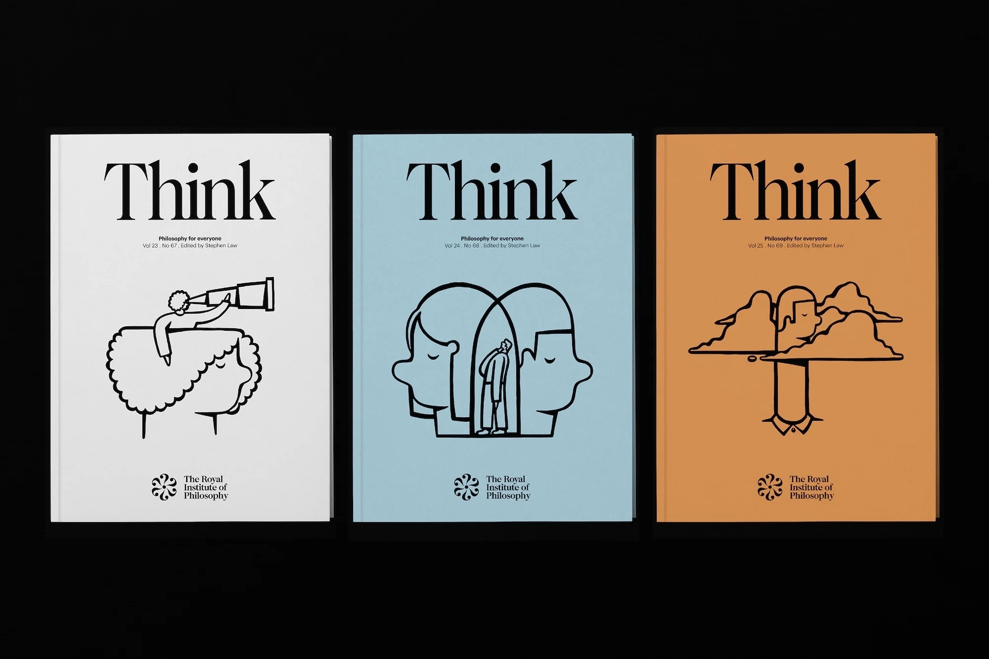 Three 'Think' magazine covers in white, blue, and orange, each featuring a unique line-art illustration relating to philosophy.