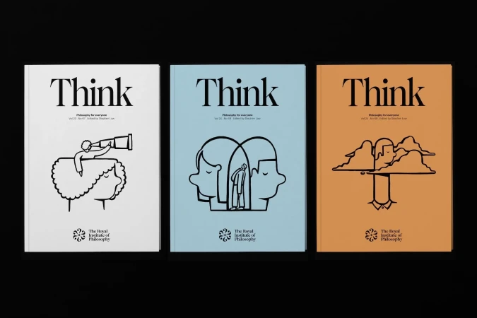 Three 'Think' magazine covers in white, blue, and orange, each featuring a unique line-art illustration relating to philosophy.