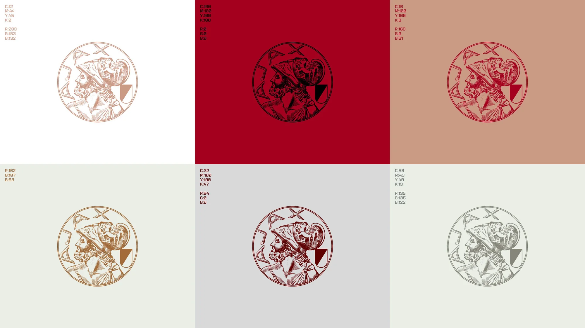 Monochrome graphic art featuring two figures in profile inside a circle against six background variations: white, red, peach, green, grey, blue.