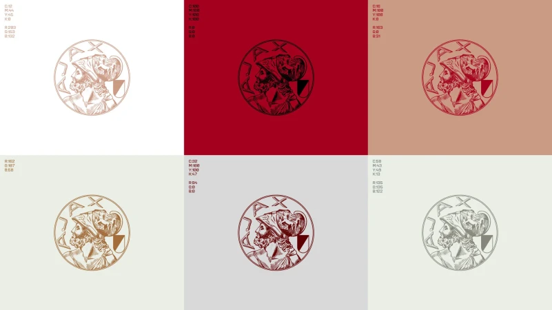 Monochrome graphic art featuring two figures in profile inside a circle against six background variations: white, red, peach, green, grey, blue.