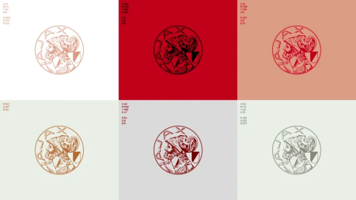 Ajax brand identity showcase displaying six circular crest logos with warrior profiles in different color schemes