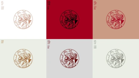 Ajax brand identity showcase displaying six circular crest logos with warrior profiles in different color schemes