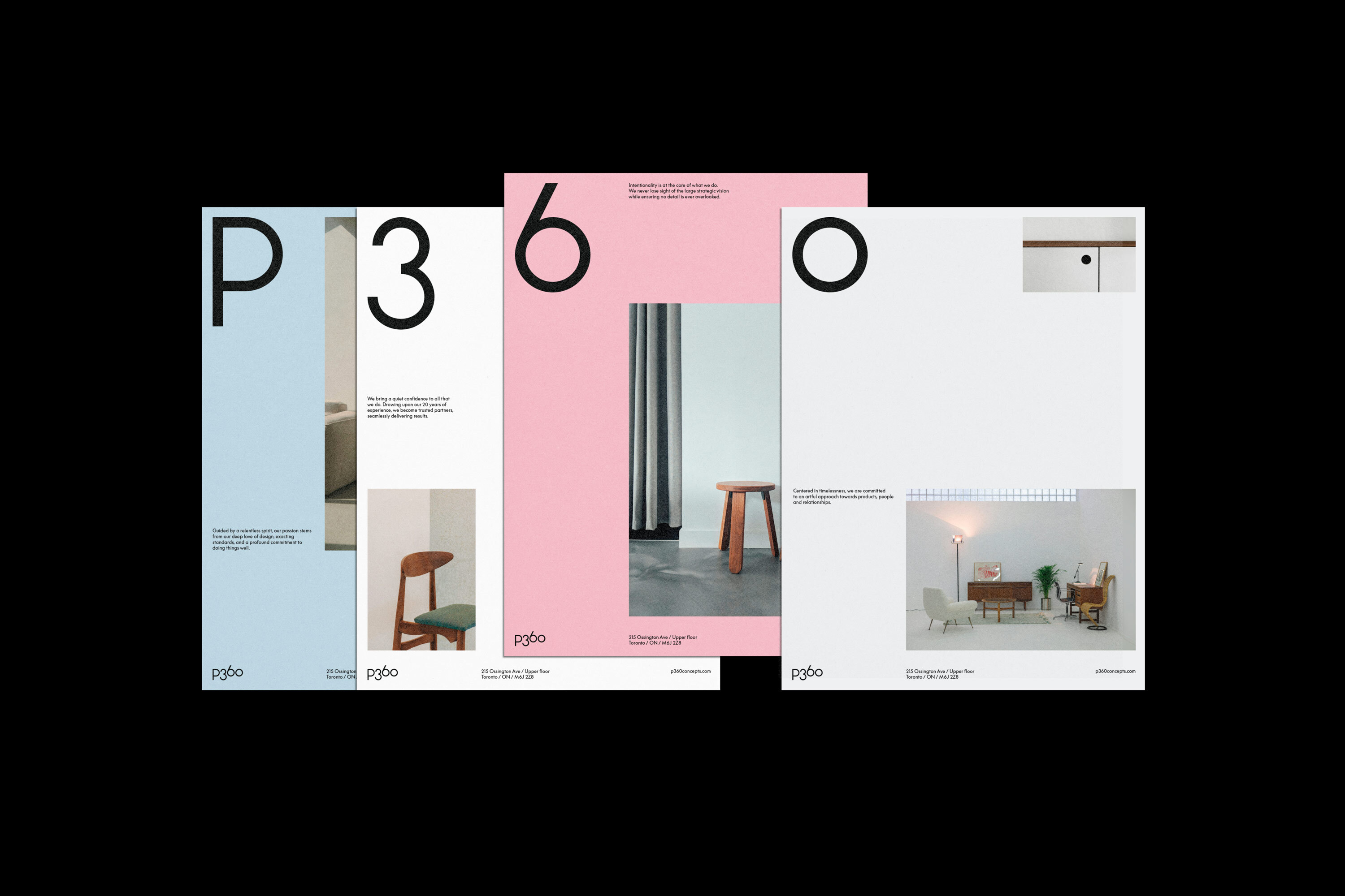 Promotional posters for PG&O featuring minimalist product photography, bold typography, and pastel color blocks against black background.