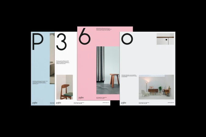 Promotional posters for PG&O featuring minimalist product photography, bold typography, and pastel color blocks against black background.