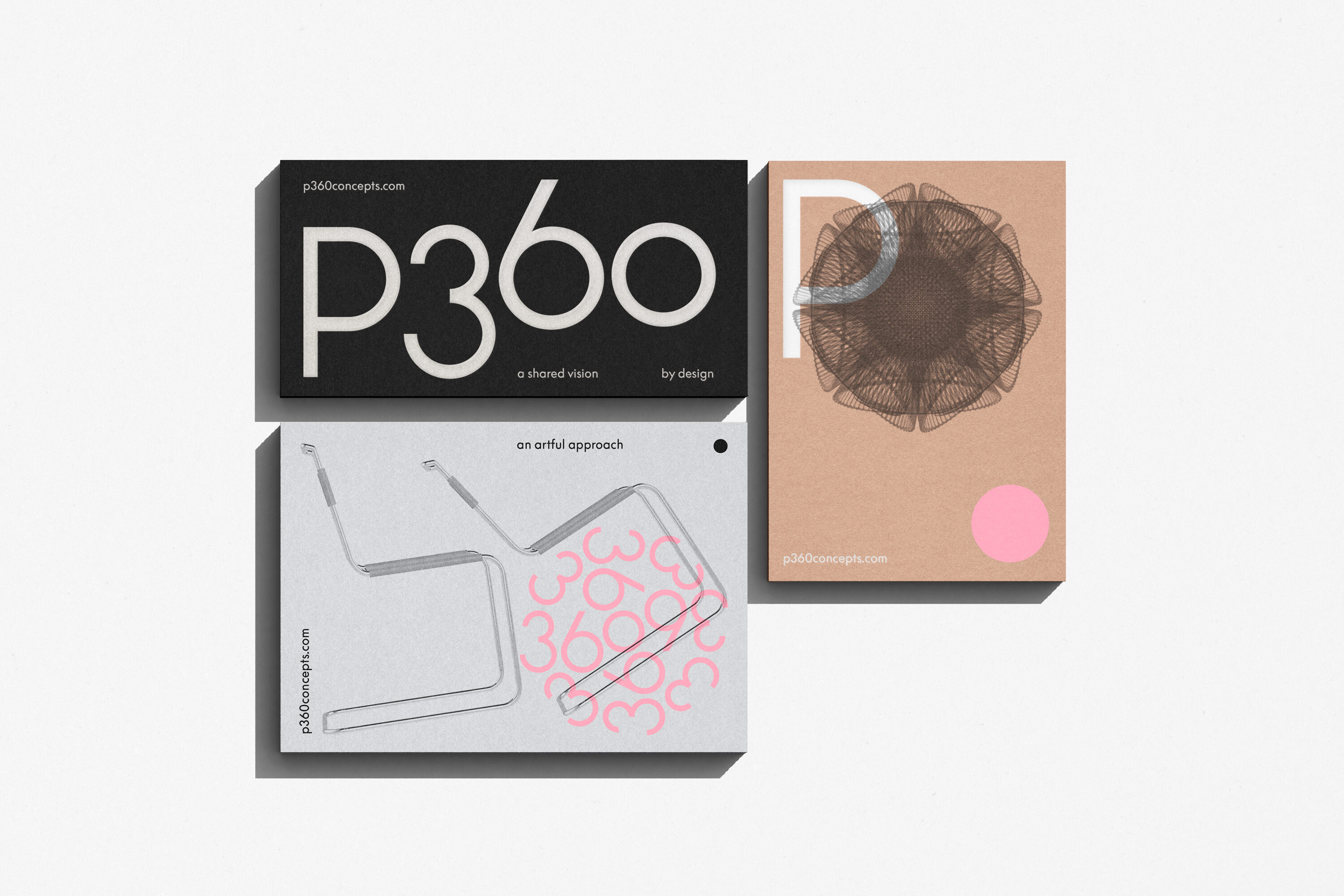 Three promotional cards feature graphic design elements including typography, geometric shapes, and product design visuals on a white background.