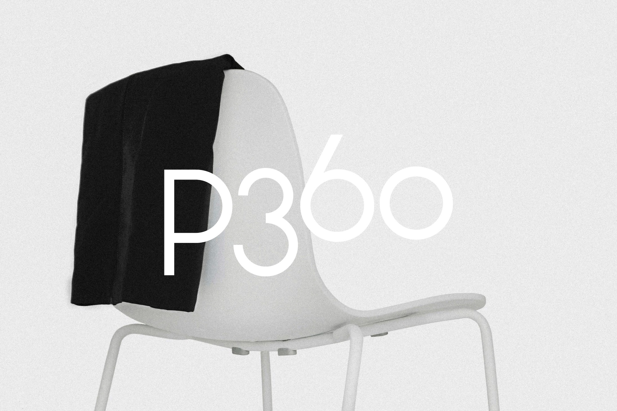 Black blazer draped on a white chair against a neutral background, featuring prominent white text 'P360'.