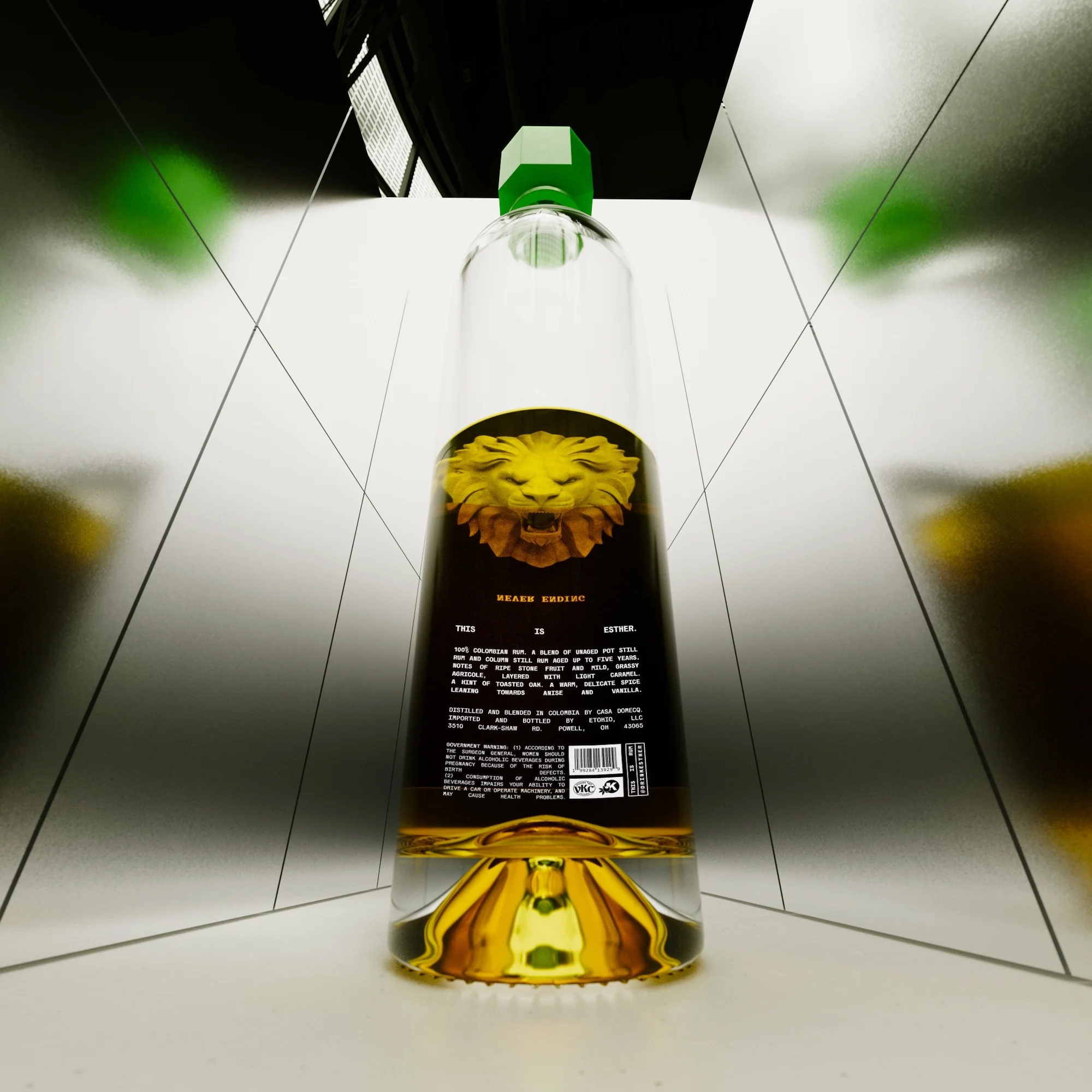 Elegant liquor bottle with a lion graphic on reflective surface. Green cap and clear glass bottle, with amber liquid inside.