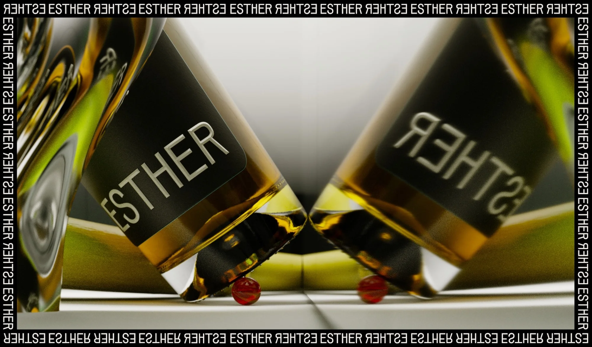 Close-up of two angled bottles with the name ESTHER prominently displayed. Red spheres provide balance, with the brand name framing the scene.