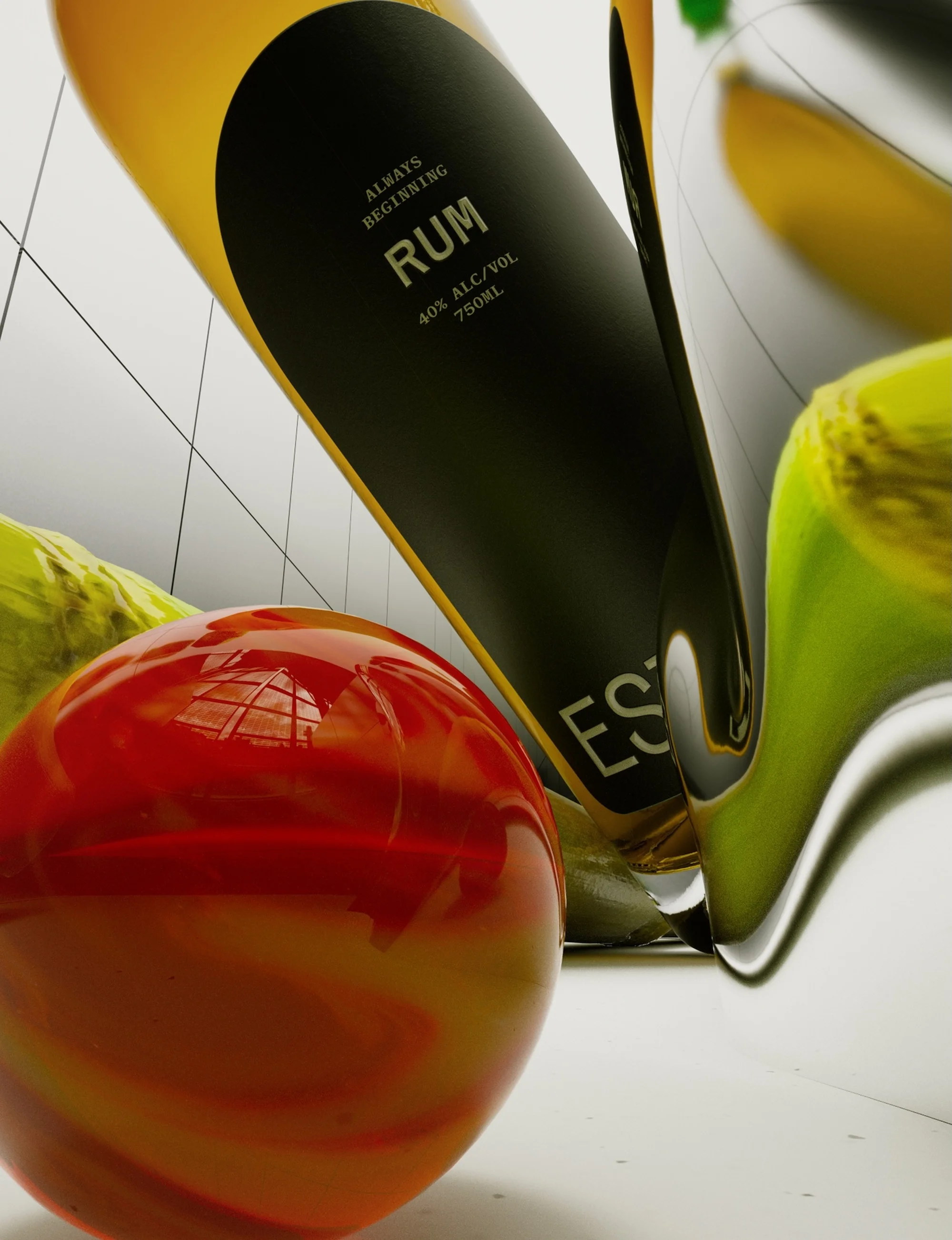 Still life featuring a bottle of rum with a black label, paired with a glossy red sphere and abstract reflections on a light surface.
