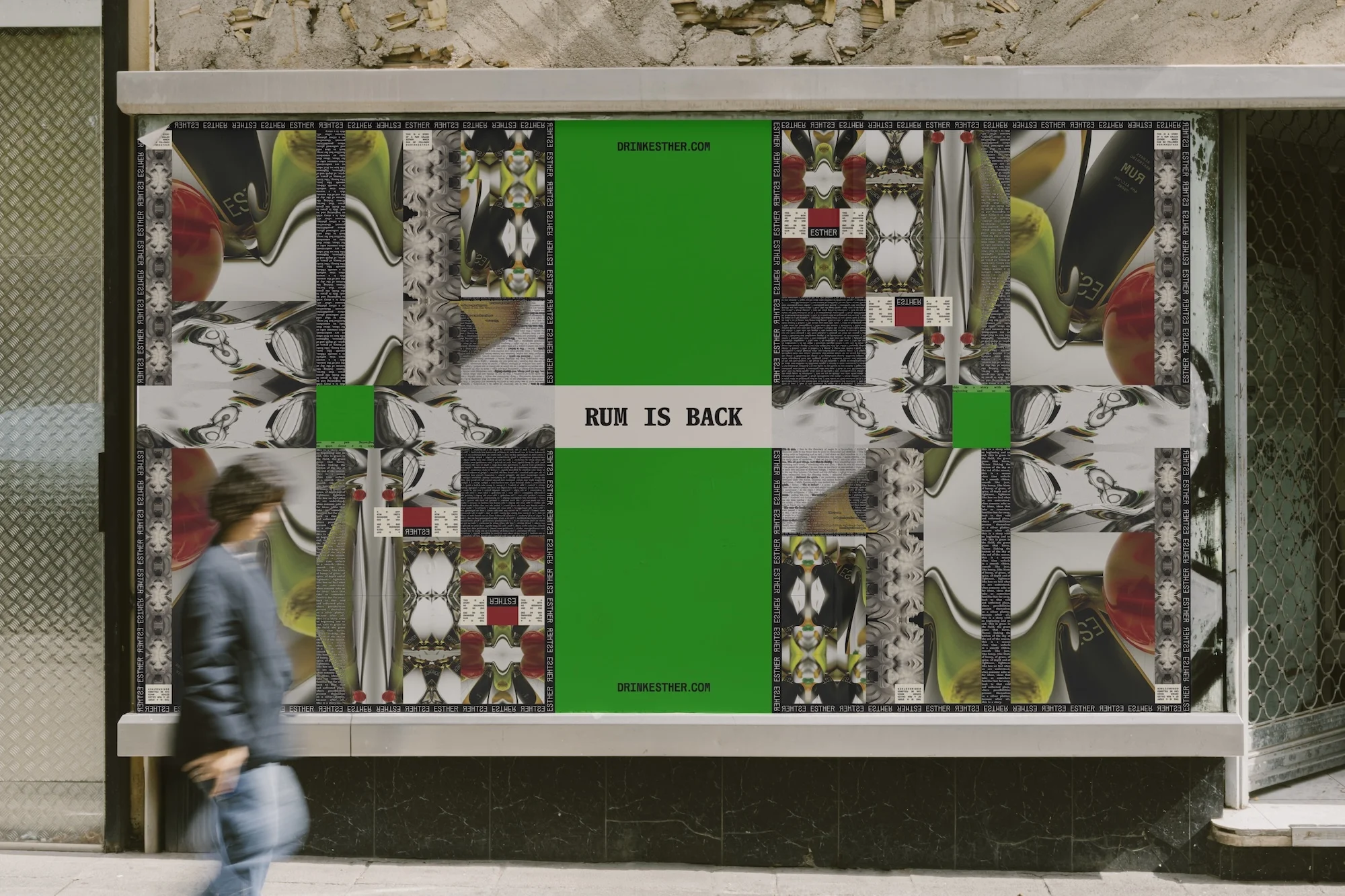 Person walks past a colorful collage-style ad for rum on a city street featuring bottles, fruit, and bold green accents.