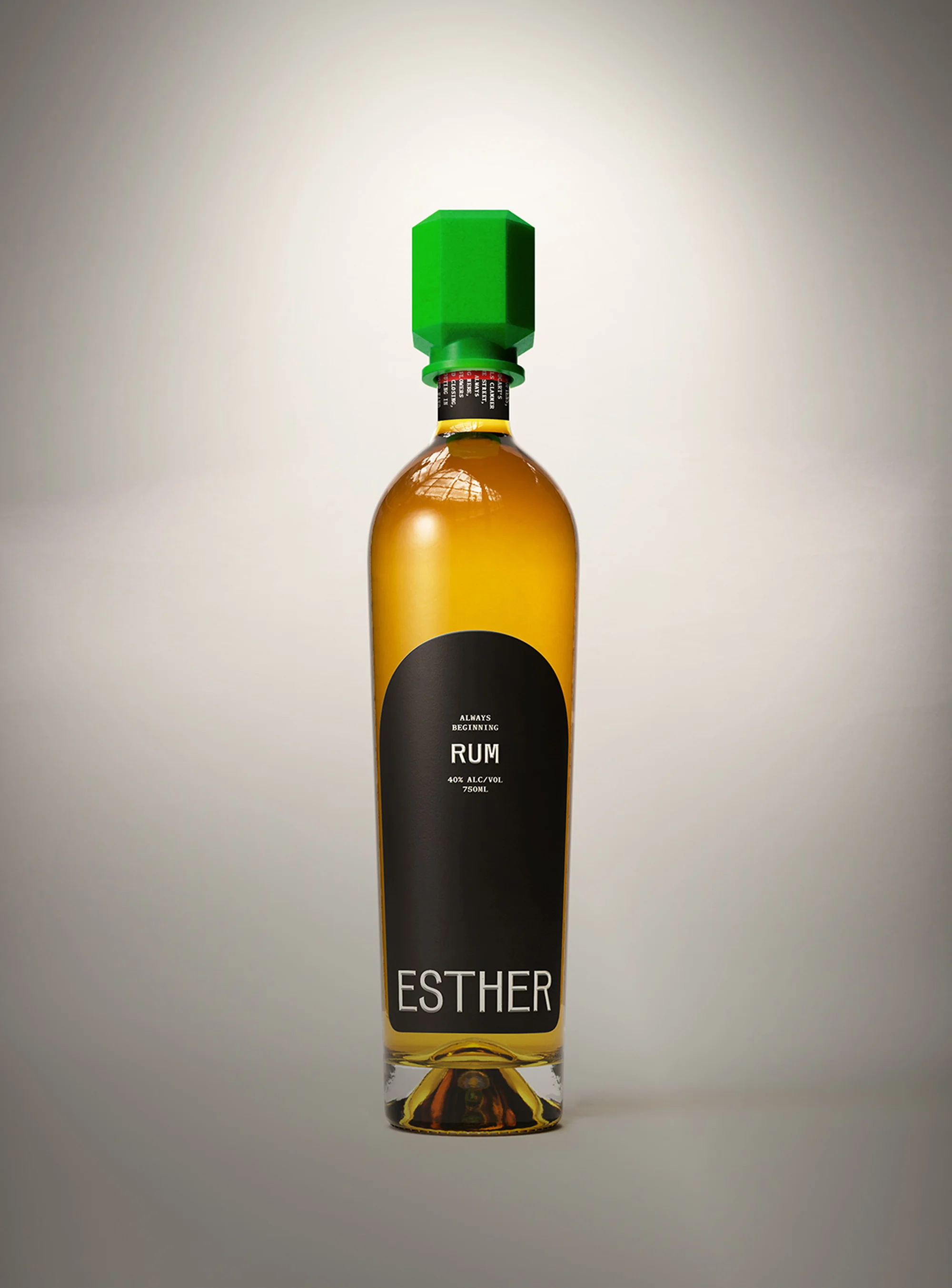 Studio shot of a bottle of Esther rum with a bright green cap, featuring a black label with white text, set against a gradient background.