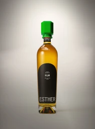 Tall glass bottle of rum with a bright green faceted stopper against a neutral grey studio gradient background