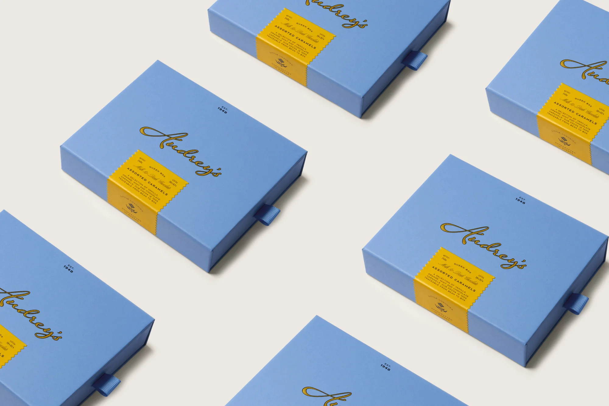 Multiple light blue boxes with gold lettering, stacked in a repeating pattern on a white surface, creating a clean, minimalist aesthetic.