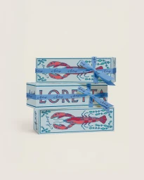 Three stacked rectangular boxes with blue and red lobster illustrations tied with blue ribbon against a plain light background