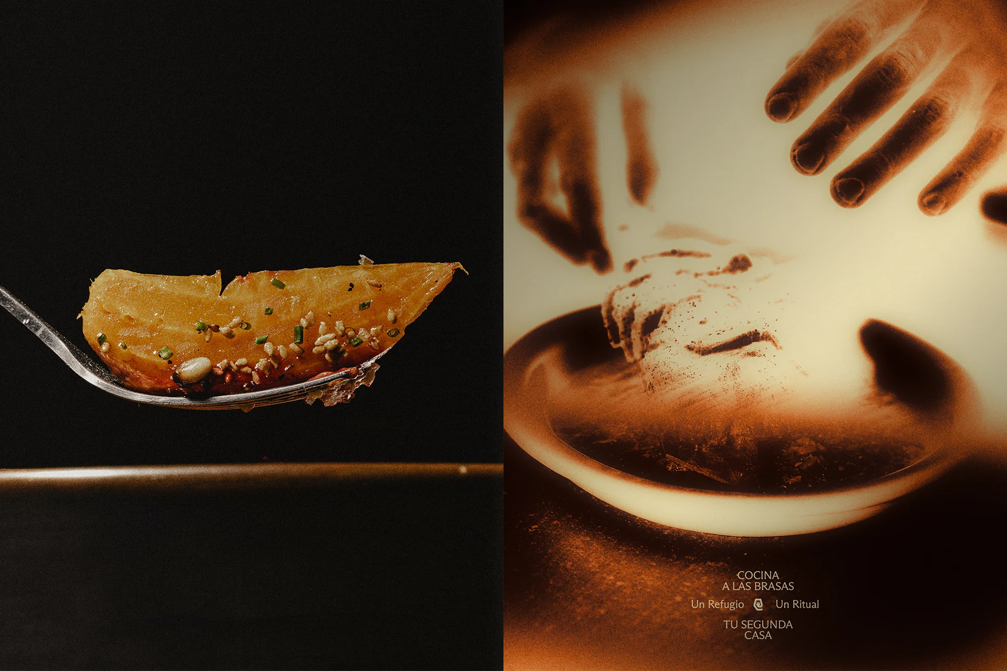 Roasted potato wedge with herbs and spices on a silver spoon, close-up shot against a dark background in a contrasting image.