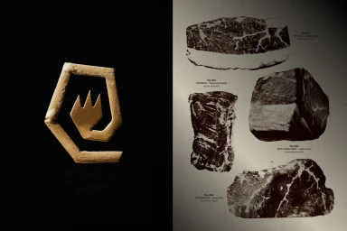 Split view showing a gold geometric brand symbol on a dark background next to vintage archival diagrams of cuts of meat.