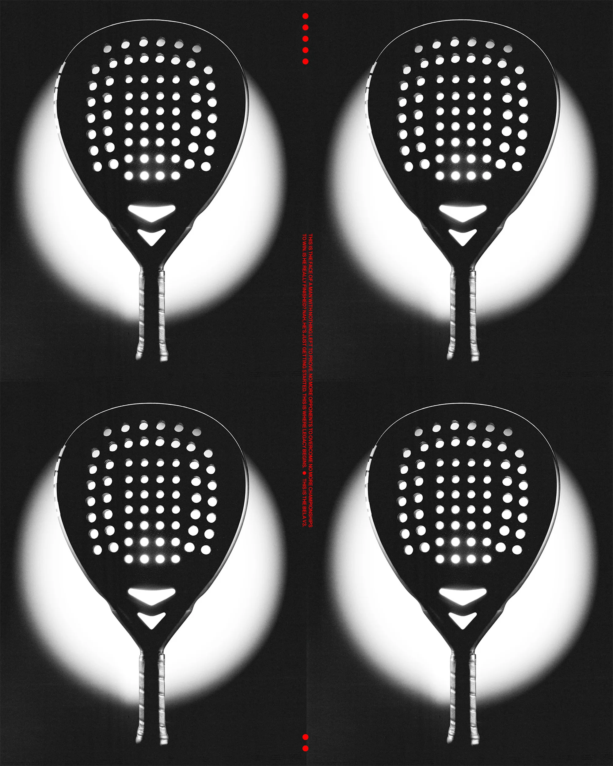 Four paddle rackets arranged in a grid, showcasing the sports equipment with a modern, high-contrast, black and white aesthetic.