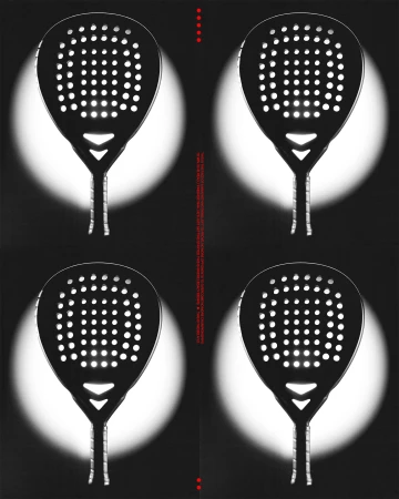 Four paddle rackets arranged in a grid, showcasing the sports equipment with a modern, high-contrast, black and white aesthetic.