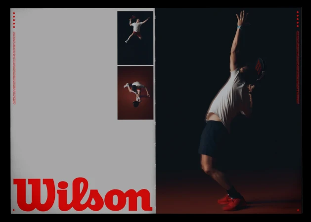 Action shot of a tennis player in mid-serve against a dark background with gray panel featuring the Wilson logo and related images.