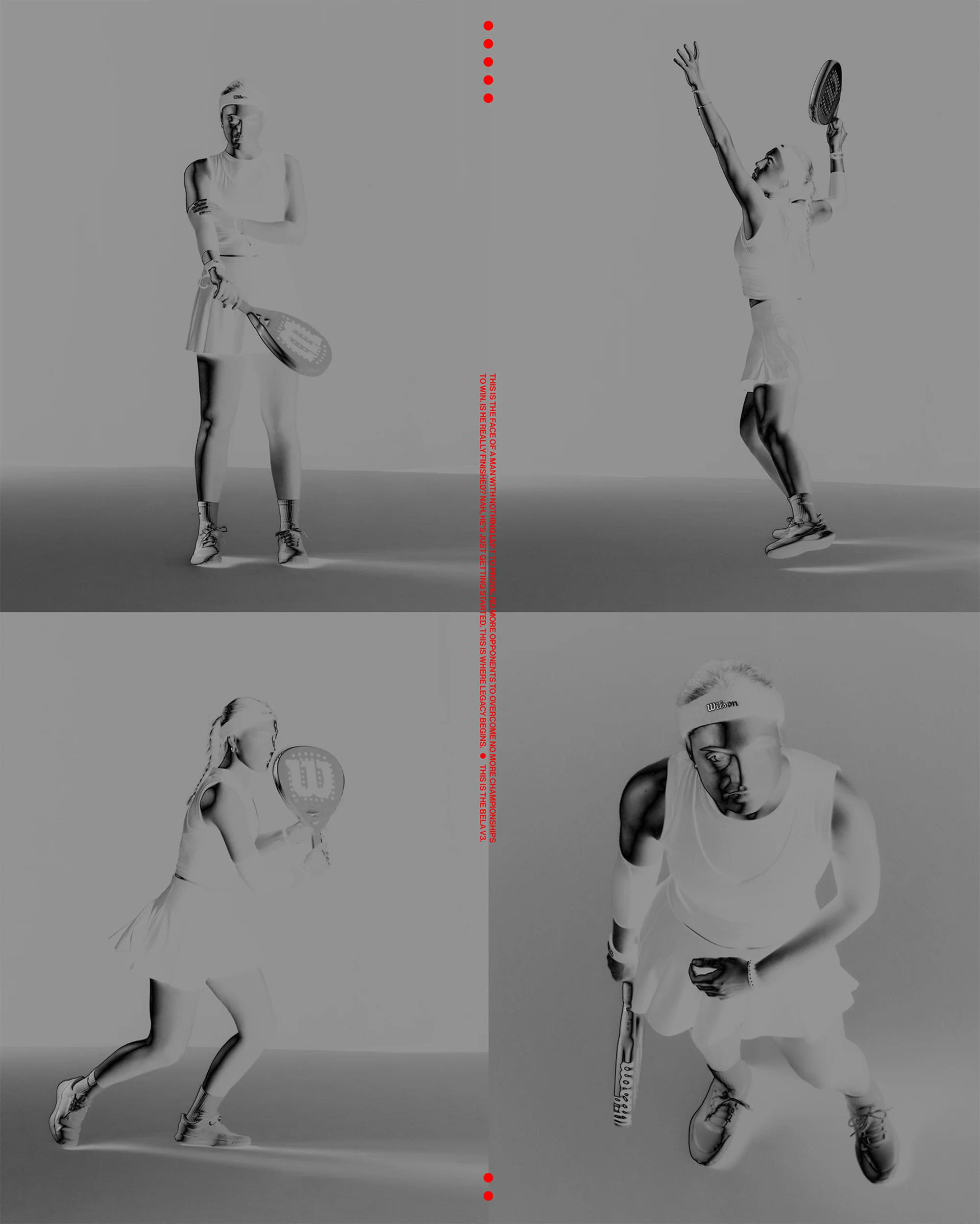 Four images of tennis players in action with racquets. One player is serving the ball and others are in various positions on the court.