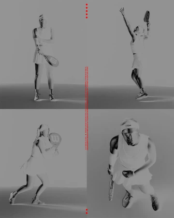 Four images of tennis players in action with racquets. One player is serving the ball and others are in various positions on the court.