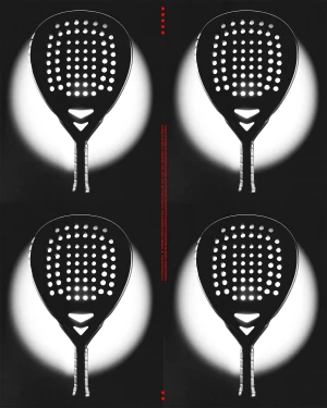 Four black padel rackets centered over circular glowing lights against a dark background in a brand identity design for Wilson Padel.