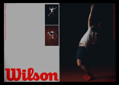 Graphic layout for Wilson Padel showing an athletic player swinging a racket against dark background and white panel with red logo