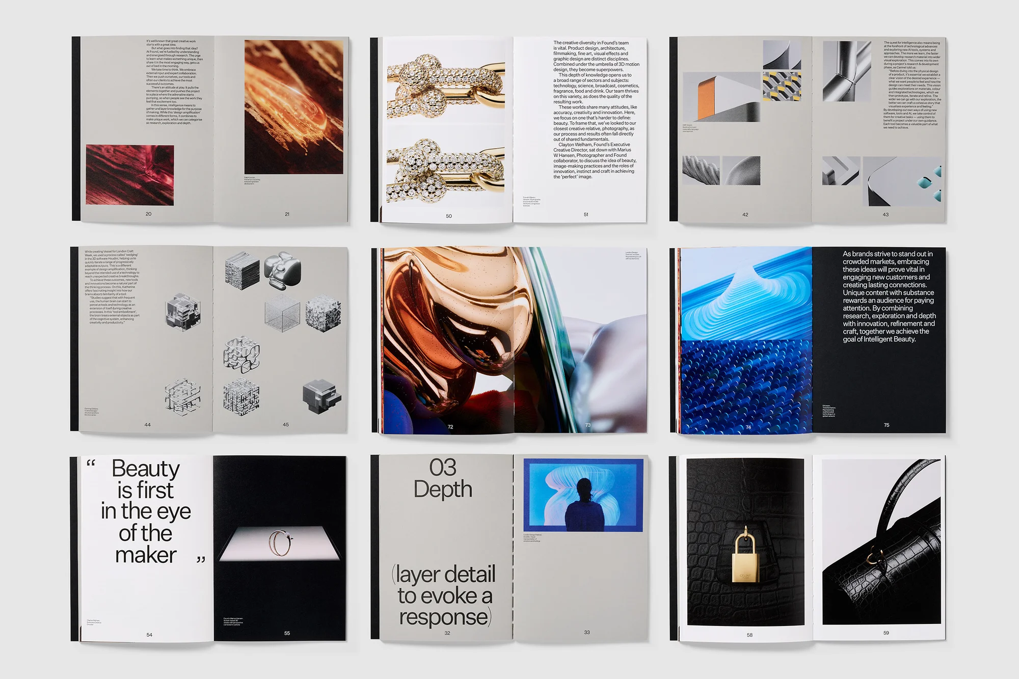 Open magazine spread showcasing design, typography, and abstract imagery, highlighting a cohesive design concept across multiple pages.