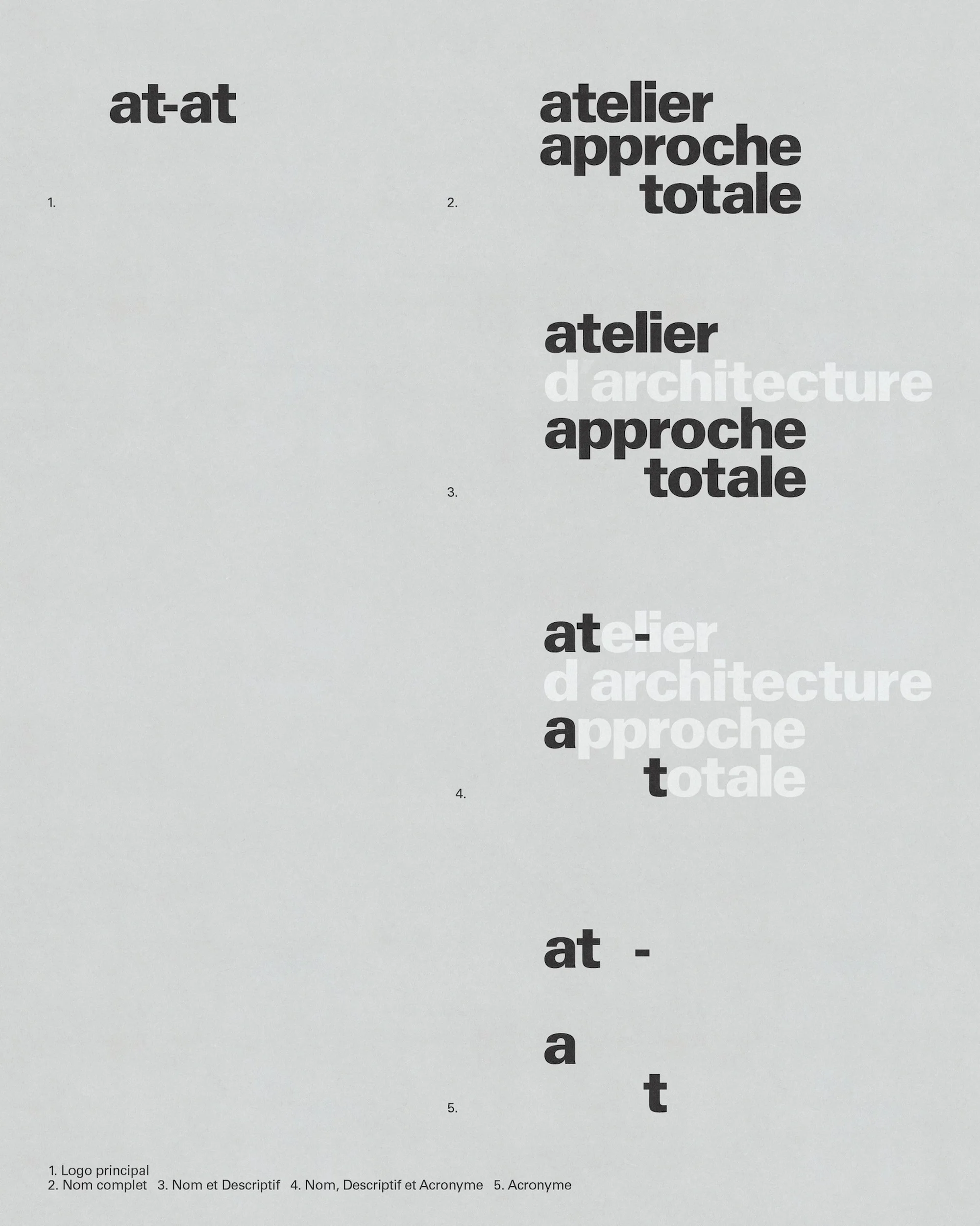 Poster displaying the name of the architecture atelier with variations in layout, using black text on a light gray background.