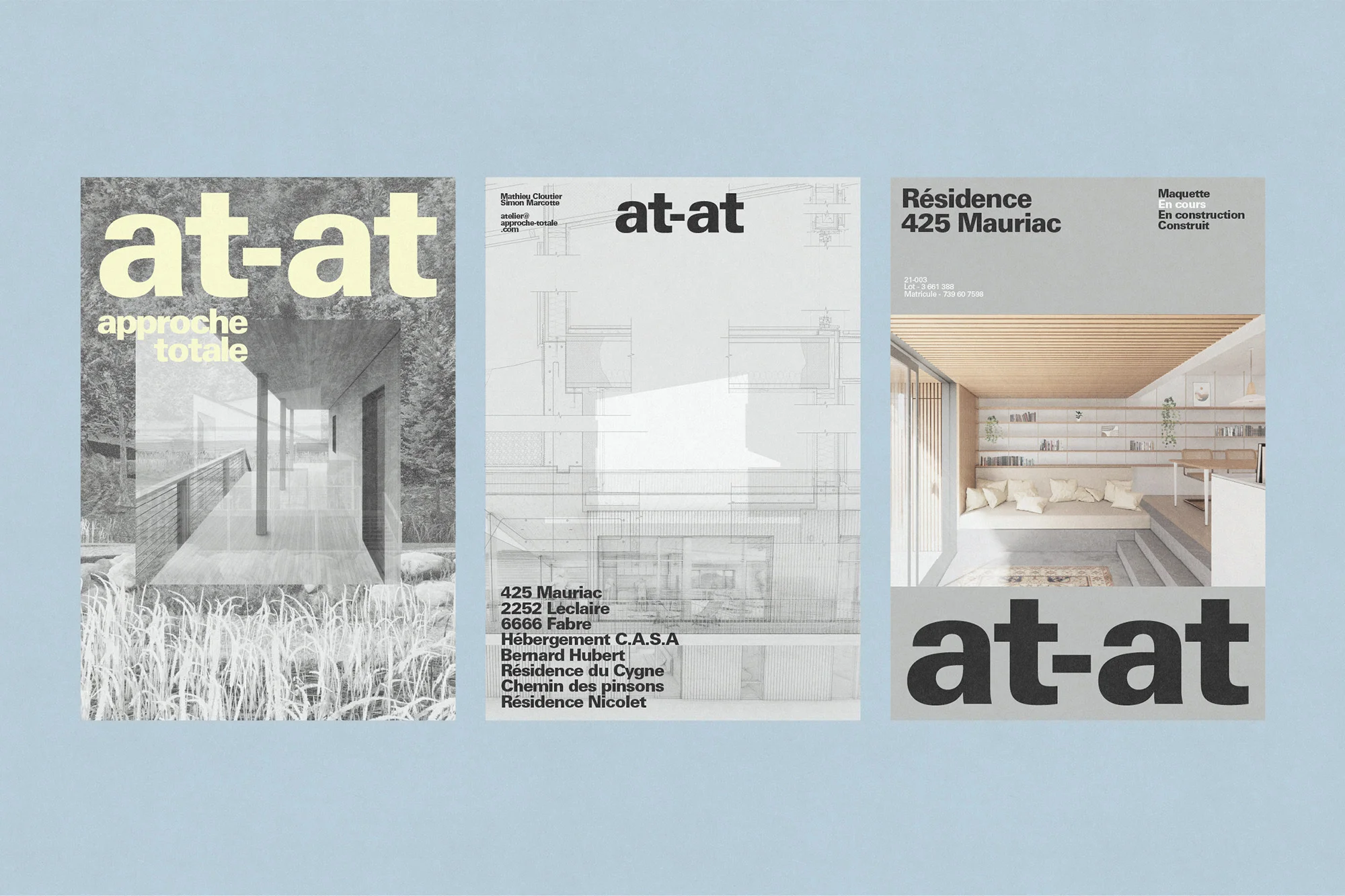 Three architectural magazines displayed against a light blue background, each featuring building design and project details.