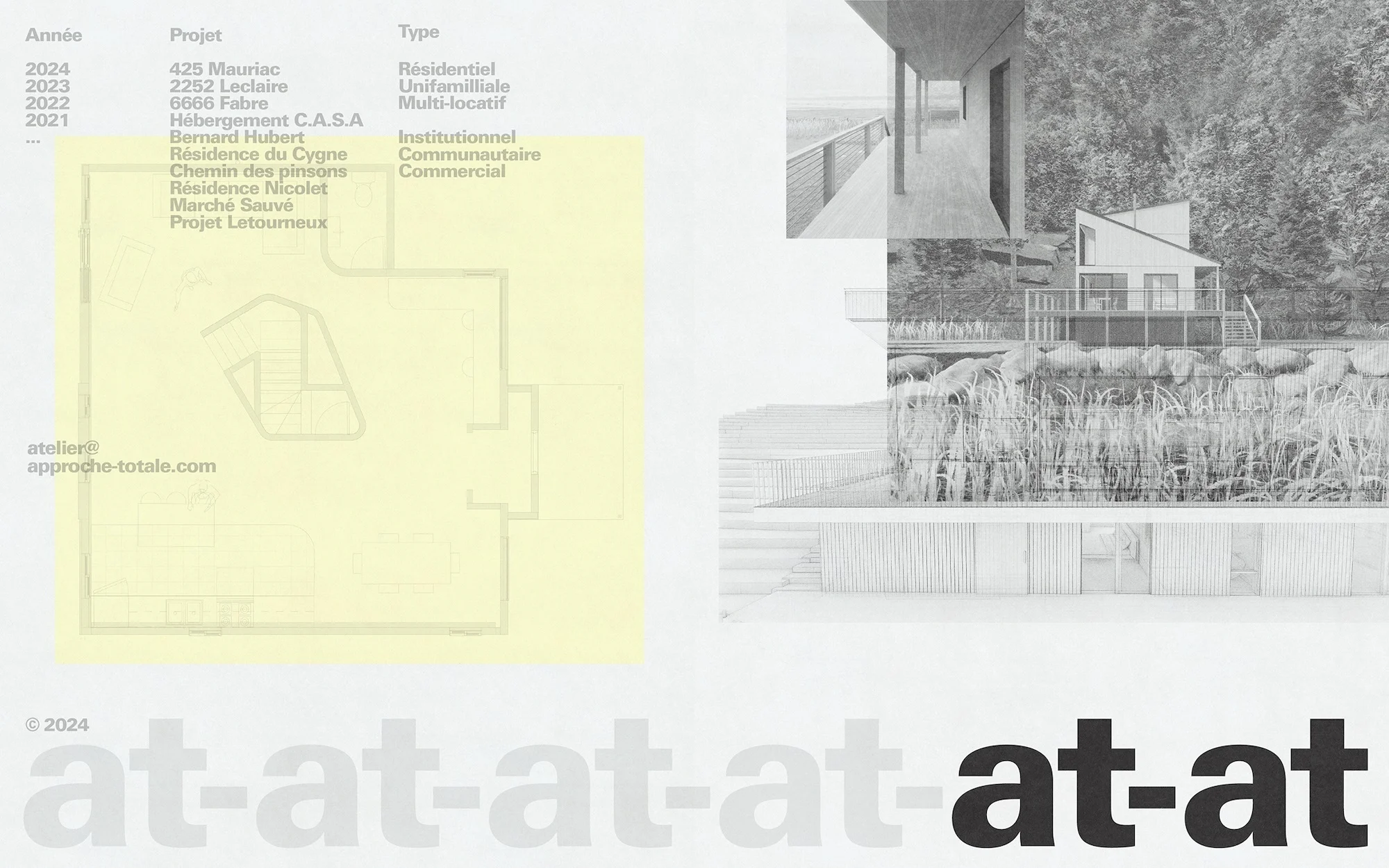 Architectural design presentation featuring building plans, a residential house rendering, and the company's logo, 'at-at,' repeated across the bottom.