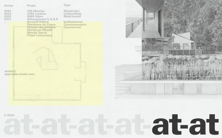 Architectural design presentation featuring building plans, a residential house rendering, and the company's logo, 'at-at,' repeated across the bottom.