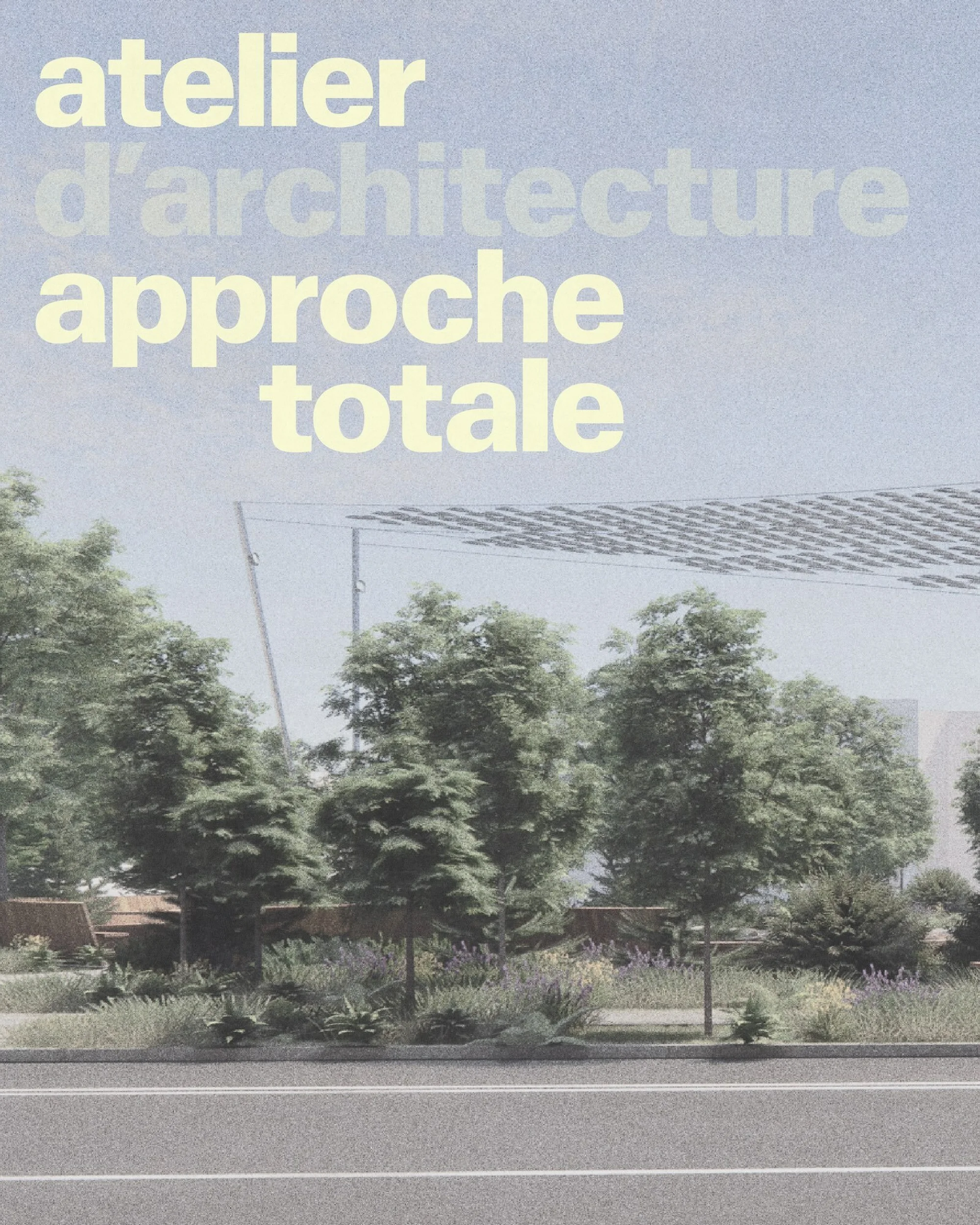 Architecture studio design featuring tree-lined street and building render with modern design and the text 'Atelier d'architecture'.