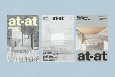 Three minimalist graphic design posters featuring typography and architectural layouts displayed on a light blue background.