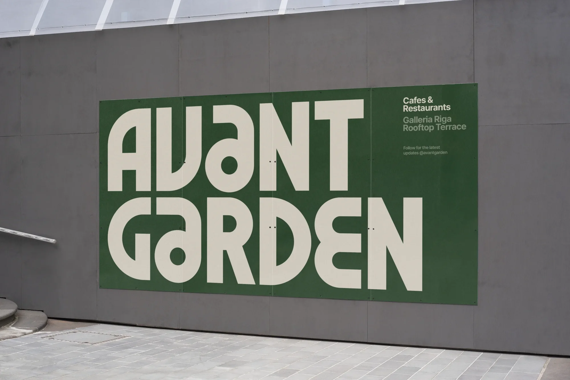 Outdoor advertising poster for Avant Garden Cafes & Restaurants, Galleria Riga Rooftop Terrace, featuring a modern, bold typography design.