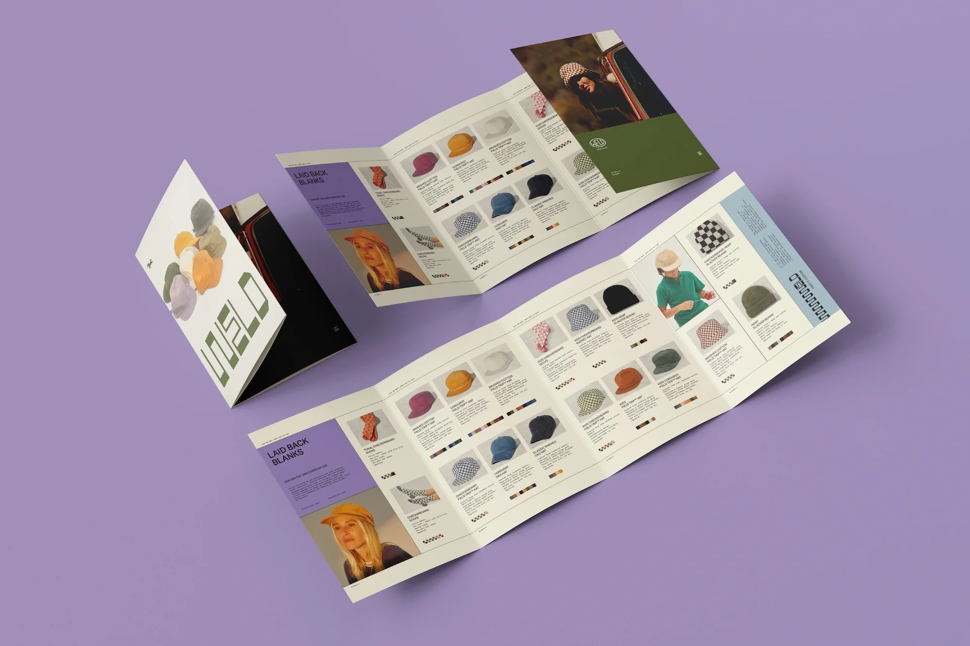 Product catalog featuring an array of hats showcased on a purple backdrop, promoting Laid Back Blanks' headwear collection.